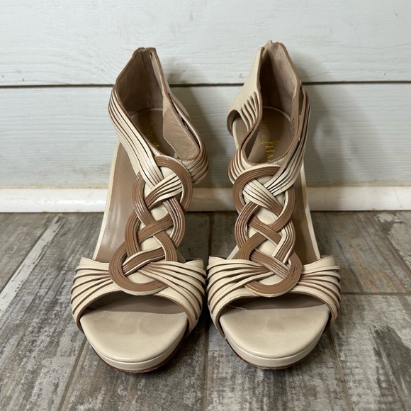 Cole Haan Open Toe Beige Leather Heels Size 8 - Picture 2 of 3
